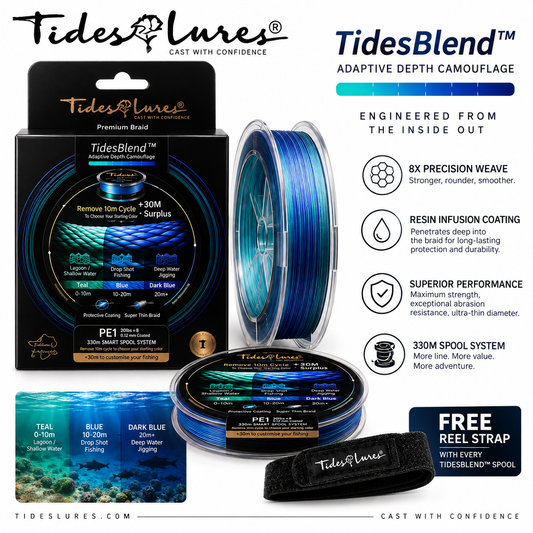 Tides Lures TidesBlend PE1 braided fishing line in multiple colors (Teal, Blue, and Dark Blue) shown on a spool, in its retail packaging, and as a free black silicone reel strap.